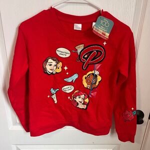 Disney Princess 100th Anniversary Red Sweatshirt Kids Size L Belle Ariel Tiana